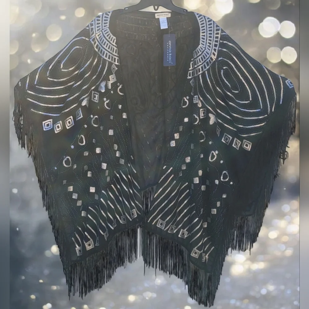 NEW Anna-kaci Shawl Wrap Cape Black With Silver Sequins One Size